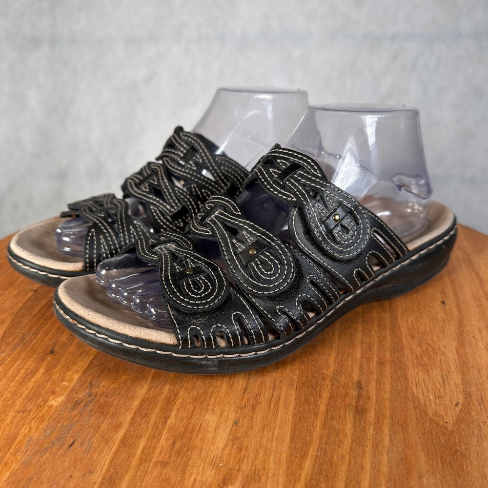 Clarks Collection Slide Sandals Womens 8W Black Good Contrast Stitching